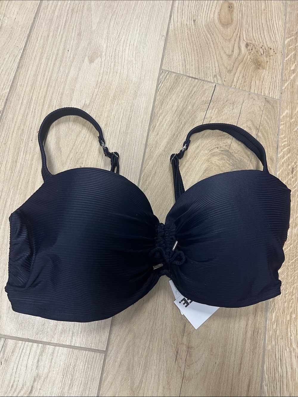 Ribbed navy blue Underwire Bikini Top with Center Gathering